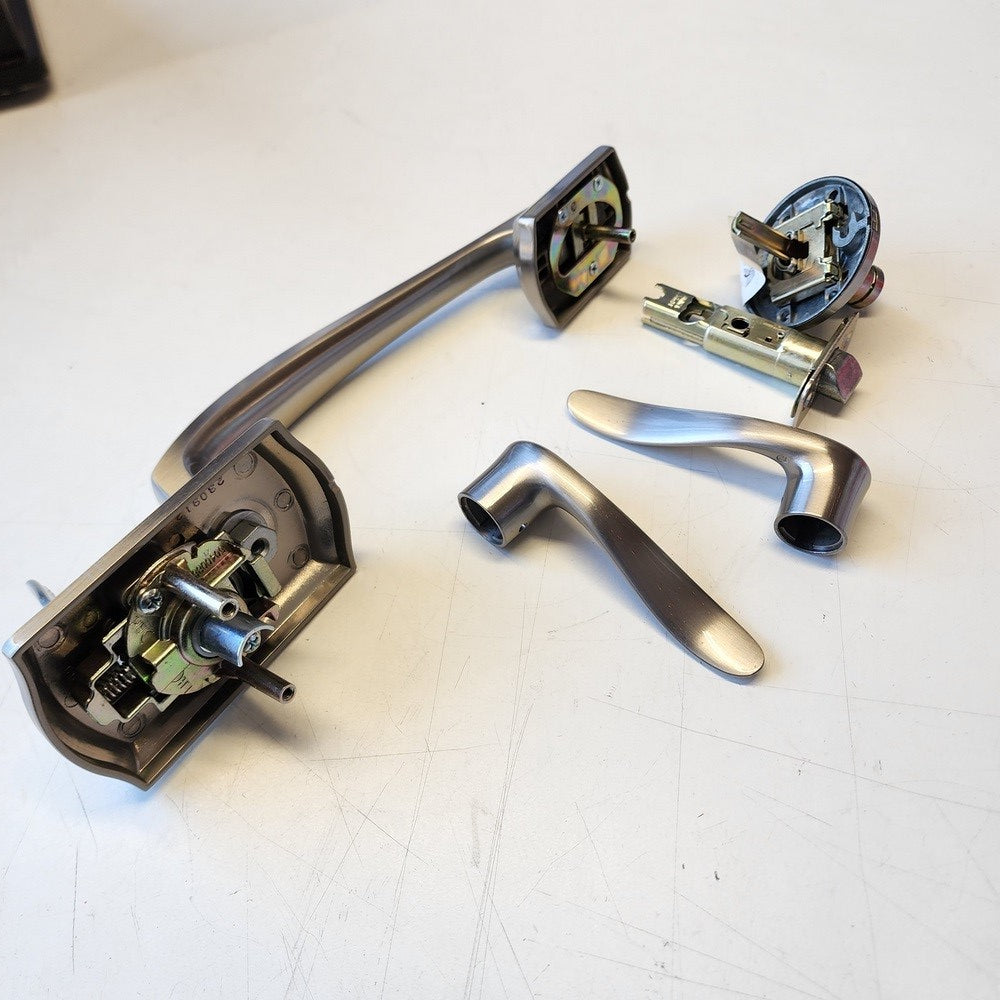 Prescott Satin Nickel Door Handleset Only with Tustin Door Handle in Satin Nickel Prescott Satin Nickel Door Handleset Only with Tustin Door Handle in Satin Nickel